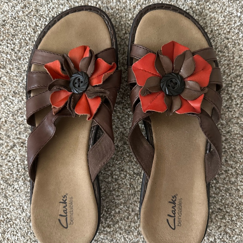 Clarks Women's Sandals with Brown and Red Floral Design